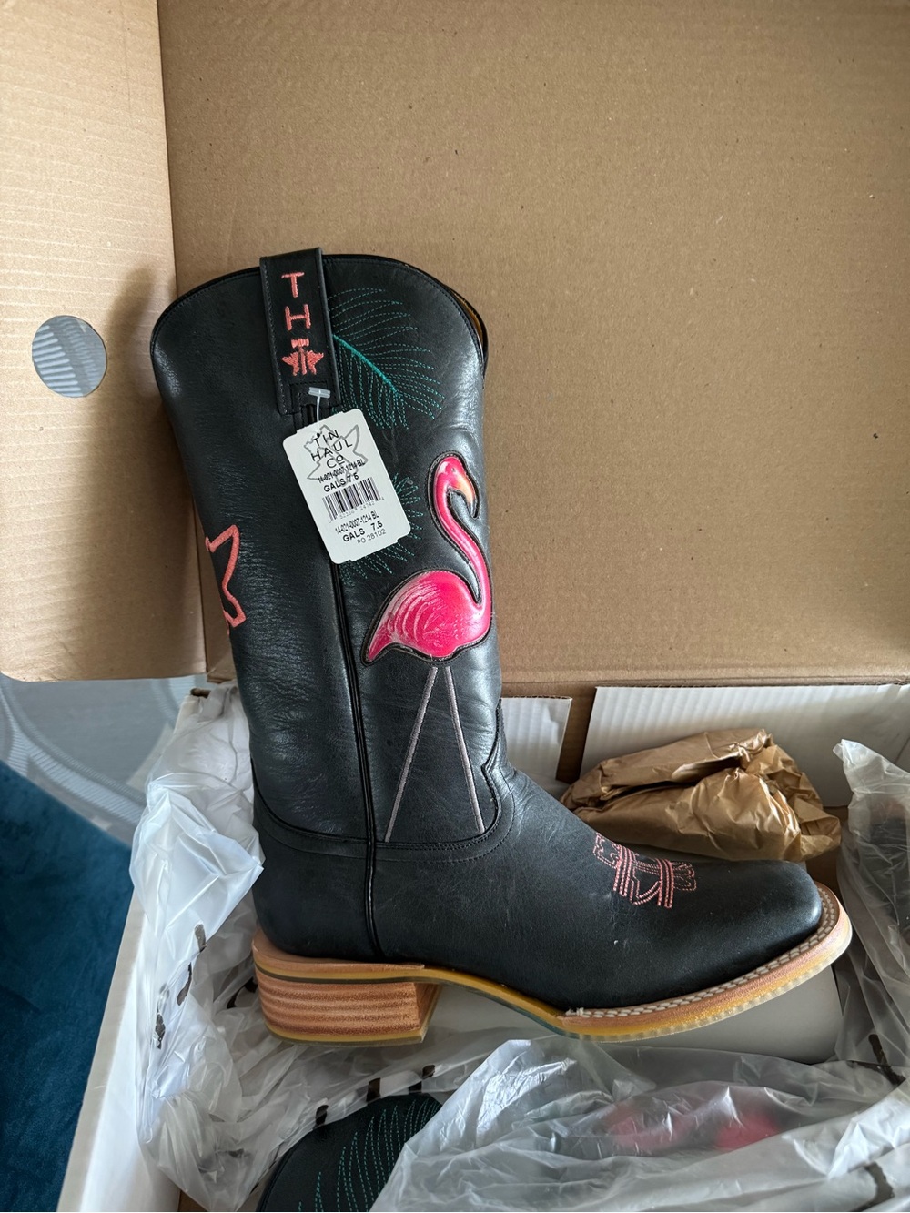Tin Haul Black Leather Western Boot with Pink Flamingo